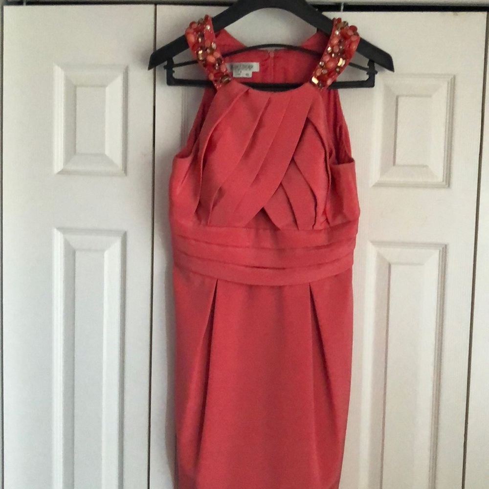 “Kay Unger” salmon colored, after-five formal dress. Worn once. Timeless style